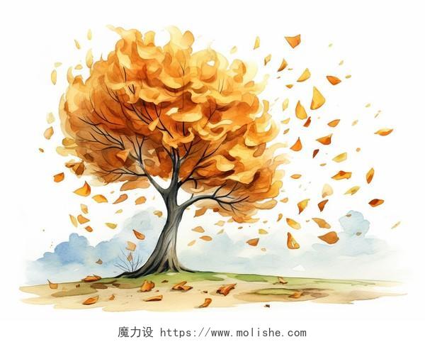 秋天的一棵树水彩AI插画枫叶秋叶立秋起风了